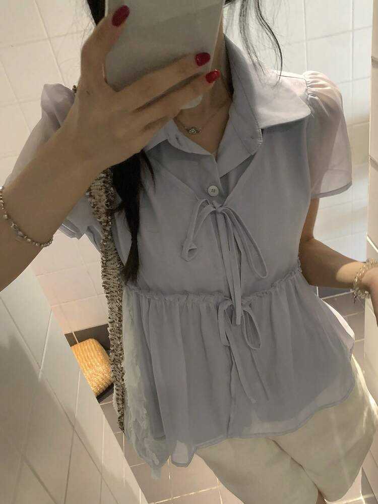 Women's Solid Color Princess Sleeve Collared Casual Vacation Blouse
