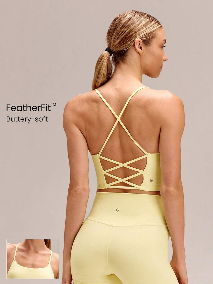 FeatherFit™ Crisscross Back Loneline Sports Bra Tank Top Light Support Low Impact Yoga Daily - French Vanilla - View 1