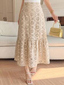 DAZY Apricot Elegant Women's Hollow Embroidered Ruffle Hem Skirt - Apricot - View 3