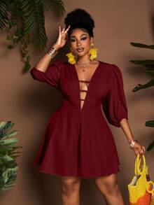 Maweii Plus Size Casual Solid Color V-Neck Lantern Sleeve Jumpsuit - Burgundy - View 3