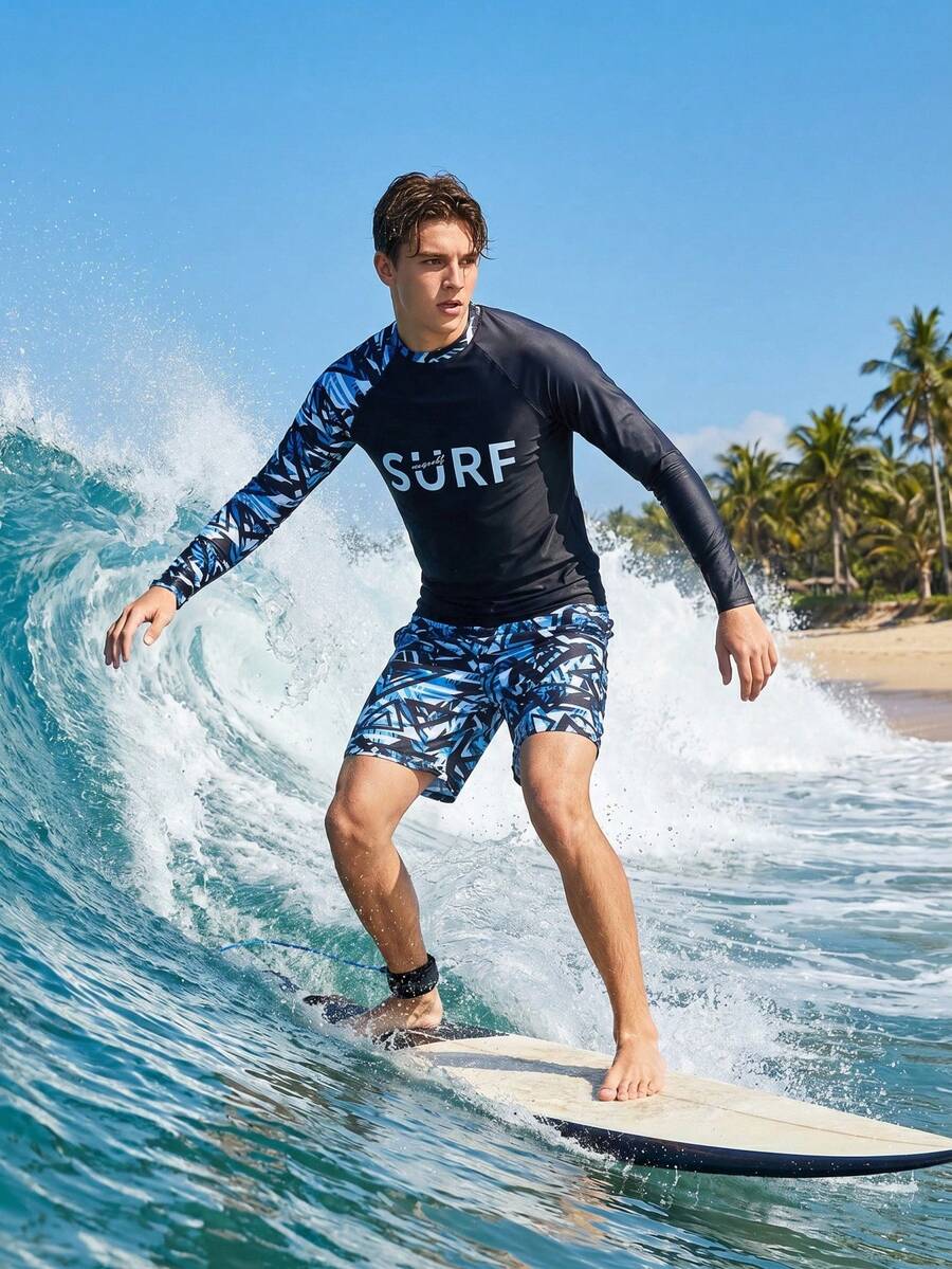 SHEIN 2件套青少年男童休闲度假印花长袖泳衣和泳裤 - 彩色 - 查看 1