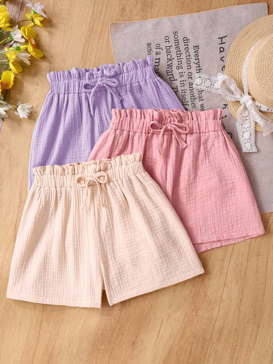 SHEIN Bộ đồ hè 3 món thường ngày của TEENGirl: Quần short xếp ly hai lớp bằng vải voan mềm mại, cạp chun, màu trơn, đa năng và thoáng mát. - Màu tím - Xem 1