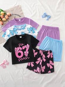 SHEIN Genkimix Kids 3件/6件套女童时尚蝴蝶结印花宽松短袖T恤短裤套装，适合夏季穿着 - 彩色 - 查看 1