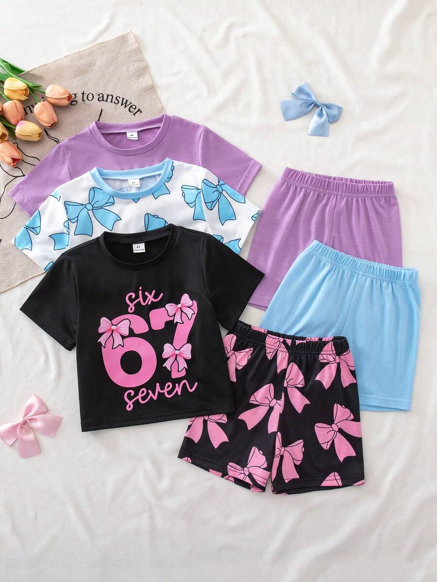 SHEIN Genkimix Kids 3件/6件套女童时尚蝴蝶结印花宽松短袖T恤短裤套装,适合夏季穿着 - 彩色 - 查看 1