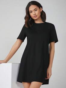 SHEIN BASICS 大码休闲纯色短袖连衣裙，夏季 - 黑色 - 查看 5