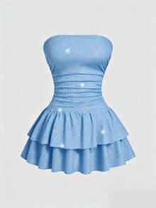 Sweetra Plus Size Metallic Bandeau Double Ruffle Waist Party Dress - Blue - View 1