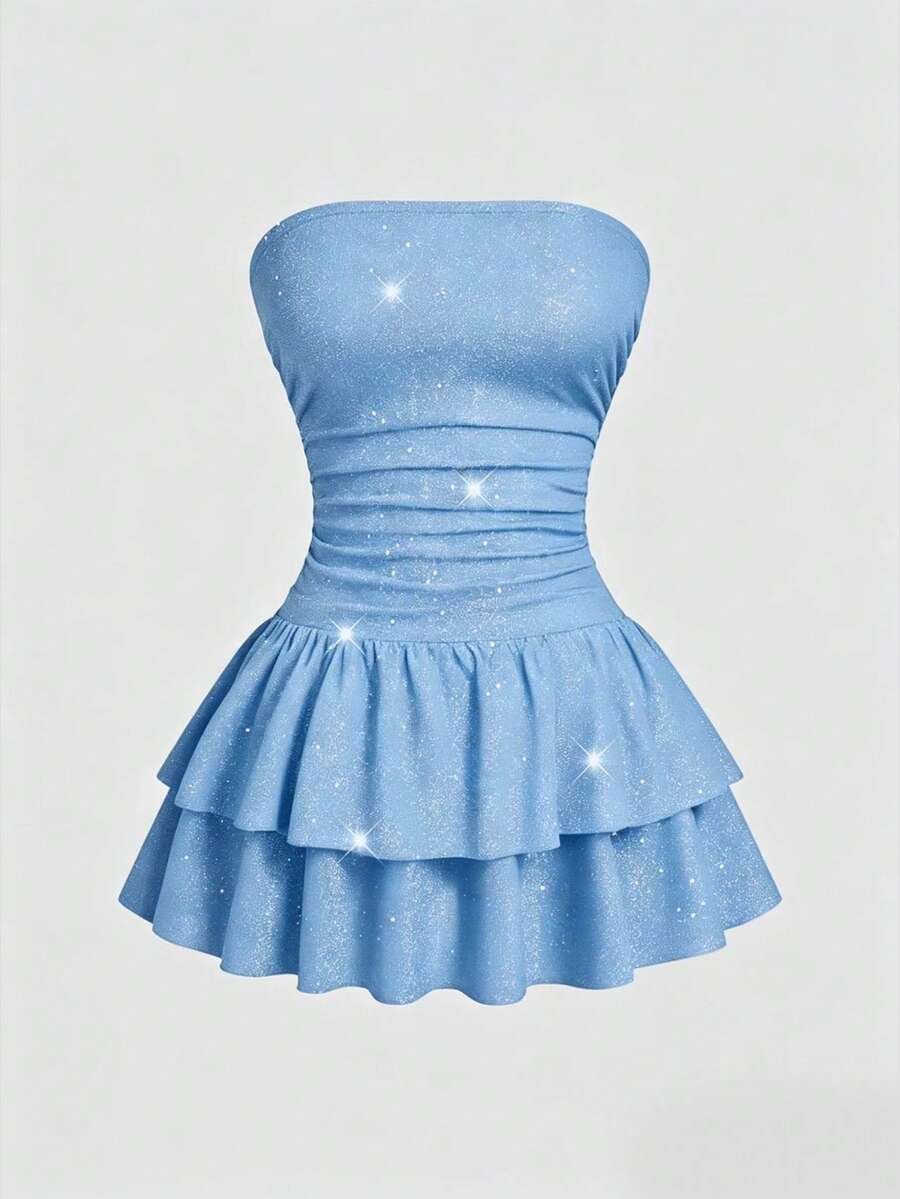 Sweetra Plus Size Metallic Bandeau Double Ruffle Waist Party Dress - Blue - View 1