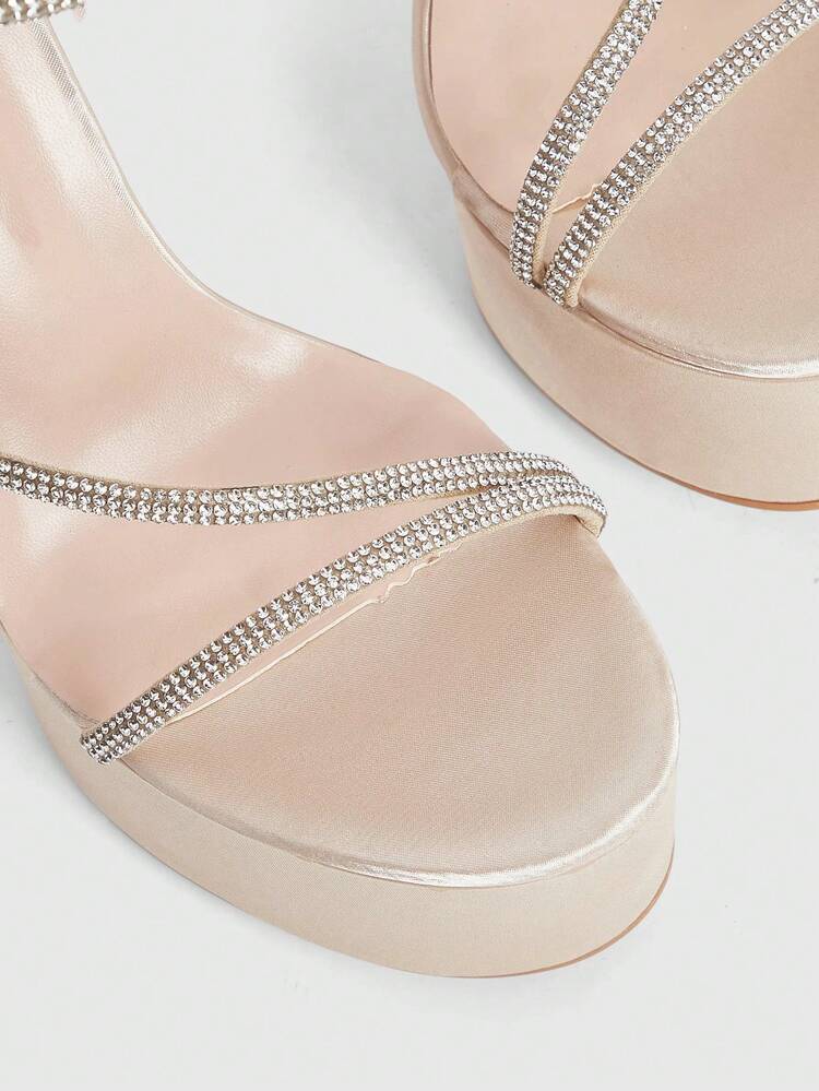 CUCCOO LuxiPop Spring And Summer New Design Thick Heel High Heel Elegant Temperament Simple Sexy Rhinestone Strip Women Apricot Satin Material Hollow Ankle Strap High Heel Slingbacks Dress Shoes Dating Afternoon Tea Party Valentine's Day Elegant Wear