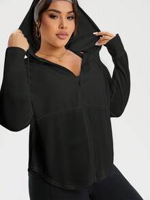 Dewbera Dewbera Chaqueta deportiva con capucha con cordón, cremallera frontal, manga larga y hombros caídos, de unicolor, para mujer de talla grande - Negro - Ver 8
