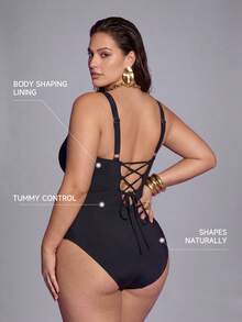 Shapewave Plus Size Women's Sexy Solid Black One-Piece Swimsuit, Suitable For Beach Holiday In Summer - Black - View 7