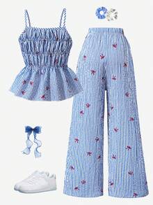 SHEIN Girls Striped Bow Camisole Top And Straight Leg Pants Summer Vacation Outfit - Blue - View 2