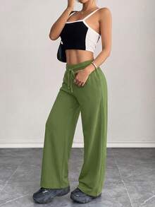 SHEIN PETITE Comfortable And Casual Plain Knitted Low-Rise Wide-Leg Women's Sweatpants - Army Green - View 5