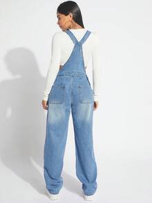 Plus Size Women Distressed Pocket Design Casual Denim Jumpsuit - Blue - View 2