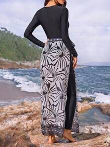 Swim Mulvari Swim Shayni Women Floral Print Long Sleeve Modest Flowy Sexy Burkini Set Maxi Skirt Full Coverage Muslim Swimwear Summer Beach Vacation Black - Multicolor - View 2