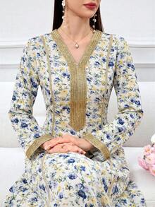 Al Najma 女士印花V领长袖优雅阿拉伯风格连衣裙 - 彩色 - 查看 4