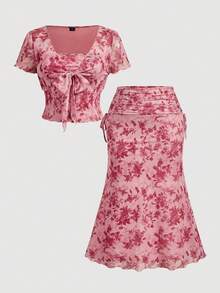 SHEIN MOD Bộ đồ mùa hè thanh lịch dành cho nữ cỡ lớn, gồm áo ngắn tay thắt nút in họa tiết và chân váy đuôi cá, trang phục mùa hè cho nữ, bộ chân váy mùa thu cho nữ, trang phục cho nữ cao, bộ đồ mùa thu cho nữ, bộ đồ nghỉ mát hai mảnh in họa tiết nhiệt đới, phong cách nghỉ dưỡng đồng quê. - Hồng - Xem 11