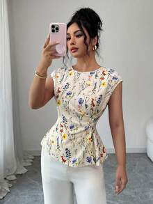 SHEIN Clasi 女款優雅米色夏季茶會襯衫，腰部抓褶修身上衣，法式度假職場風 - 杏色 - 查看 1