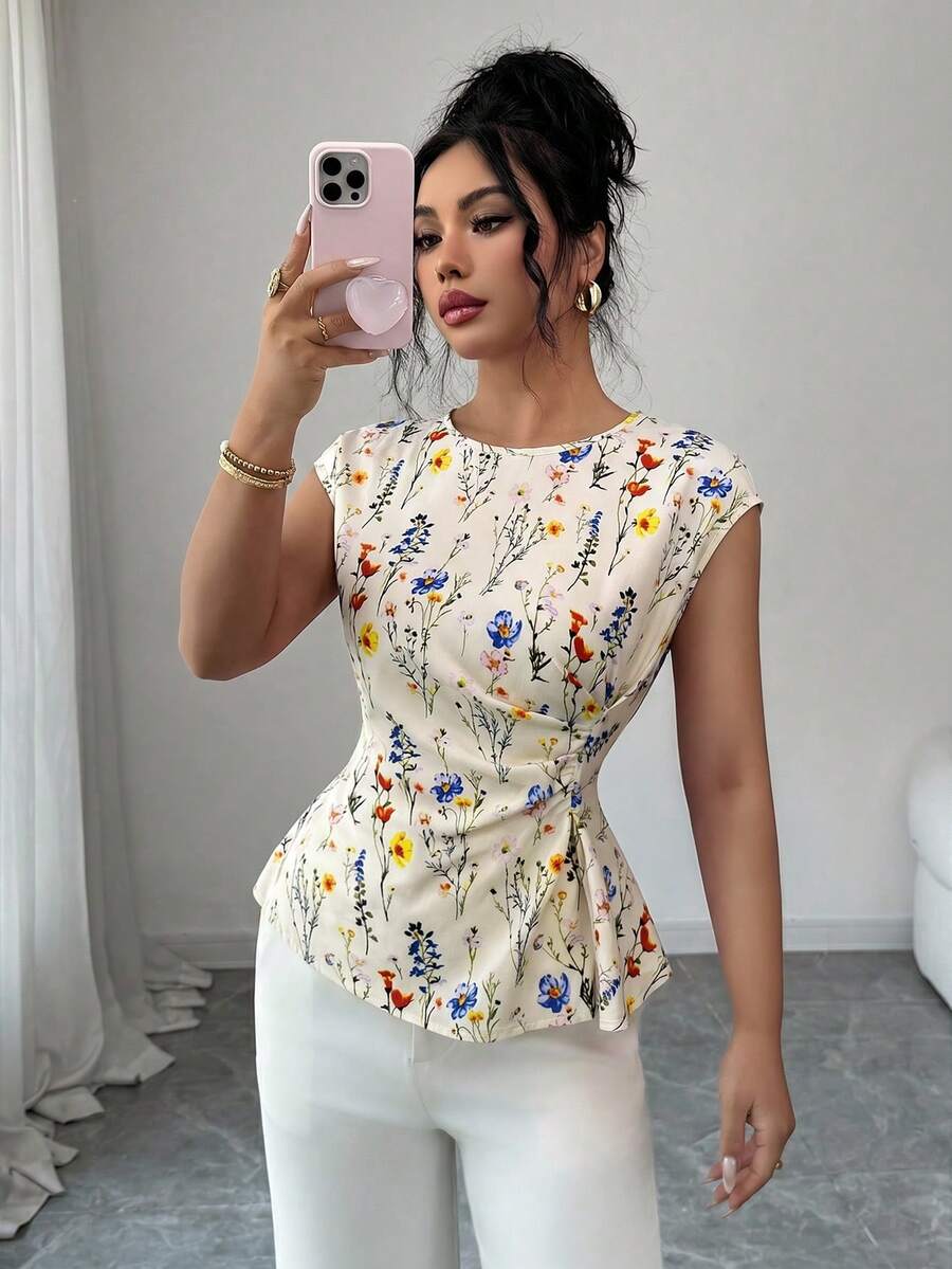 SHEIN Clasi 女款優雅米色夏季茶會襯衫,腰部抓褶修身上衣,法式度假職場風 - 杏色 - 查看 1