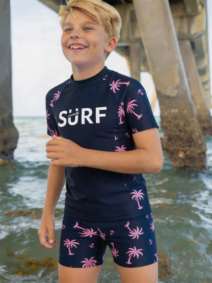 2pcs/Set Tween Boys' Casual Versatile Printed Pattern Round Neck Pullover Short Sleeve Swimsuit & Swim Trunks Set - Multicolor - View 1