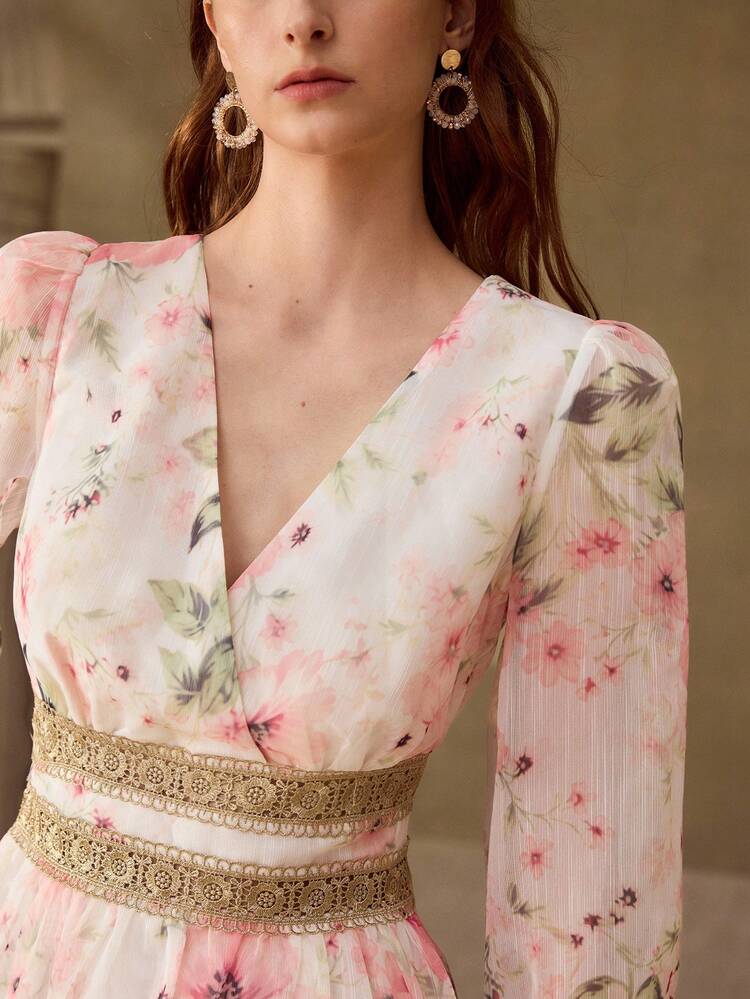 WOMEN'S V-NECK DITSY FLORAL WAIST CINCHED CONTRAST LACE DRESS