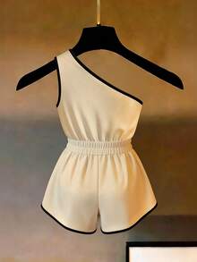 Franclia Contrast Color Patchwork Waist Pleated Fashionable Elegant Women's Sleeveless Jumpsuit - Apricot - View 4