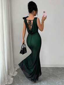 SHEIN Raffinéa Contrast Color Mesh Double Ruffle Collar Bow Tie Waist Fitted Fishtail Backless Sleeveless Dress For Women - Green - View 2
