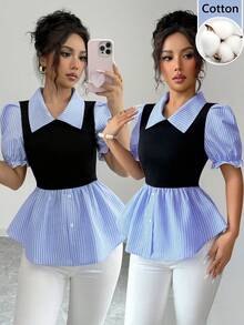 SHEIN Elenzya Blue & White Striped Patchwork Faux Two Pieces Top, Collared Petal Sleeve Ruffle Hem Waist Cinched Commuting Elegant Patchwork Blouse - Multicolor - View 6