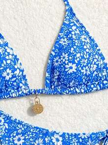 Swim Vcay Set Bikini Seksi Wanita Musim Panas Motif Bunga untuk Pantai, Model Halter Ikat, Motif Acak - Mint Blue - View 4