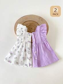 SHEIN 2pcs Newborn Casual Daily Wear Rose Red Solid Color & Floral Print Sleeveless Back Open Romper Dress, Suitable For Outings Or Comfortable Versatile - Mauve Purple - View 8