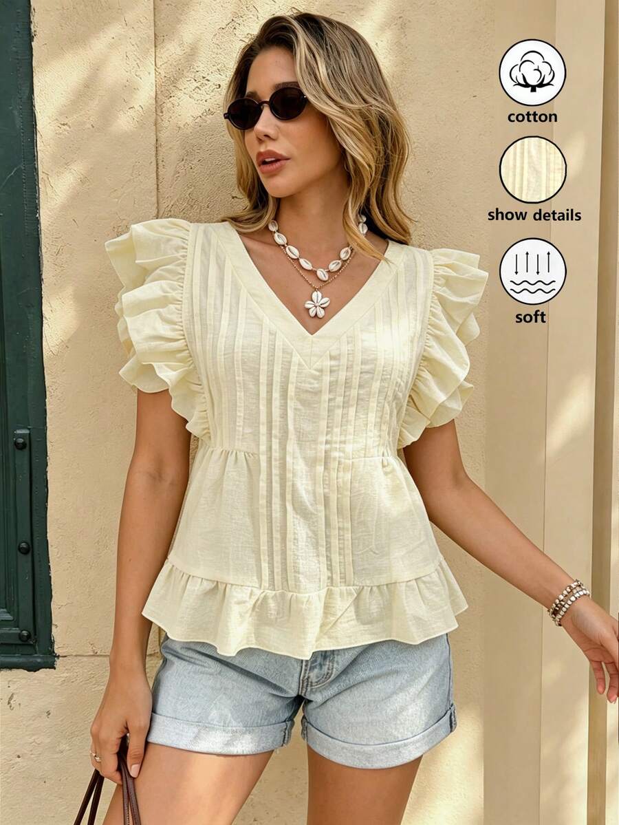 Elyressa Women's Solid Color V-Neck Ruffle Sleeve Casual Blouse - Apricot - View 1