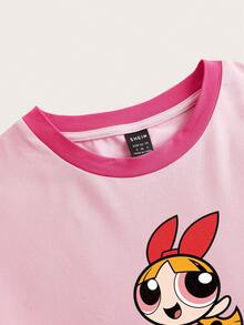 Sweetina THE POWERPUFF GIRLS X SHEIN T-shirt court à manches courtes pour femmes avec imprimé floral rose mignon, coupe ajustée avec bordure contrastée. Pull d'été à la mode, style rétro Y2K doux et épuré, convient pour toutes les saisons - Rose bonbon - Voir 3