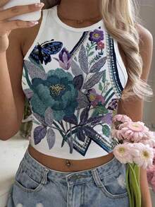 Mulvari Áo tank top cổ tròn ôm sát, in họa tiết, phong cách tối giản thường ngày dành cho nữ, thích hợp cho mùa hè. - Nhiều màu - Xem 6