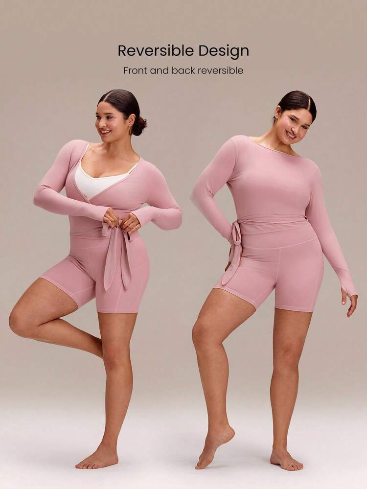 Plus Size FeatherFit™ Sweat-Wicking Stretchy Reversible Tie Waist Long Sleeve Plus Size Yoga Top With Thumbholes Pilates Studio Daily Wear