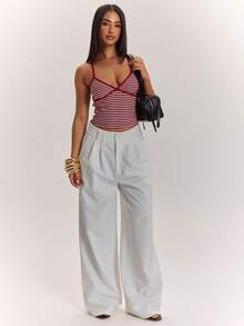 SHEIN BAE Áo camisole lửng ôm dáng, thoải mái, phù hợp cho nữ mùa hè, đi nghỉ mát và đi làm, in họa tiết sọc tương phản. - Đỏ - Xem 4