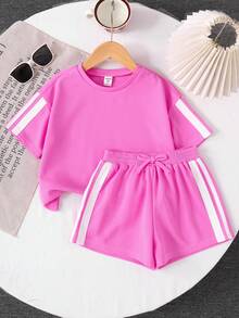 Kids/Young Girl Knitted Solid Color Round Neck Loose Fit Side Contrast Stripe T-Shirt And Shorts Set, Light Pink - Pink - View 8