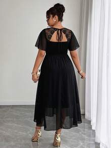 Elenzga Plus Size Shirred Lace Patchwork Backless Chiffon Dress Summer Spring Wedding Guest Party - Black - View 2