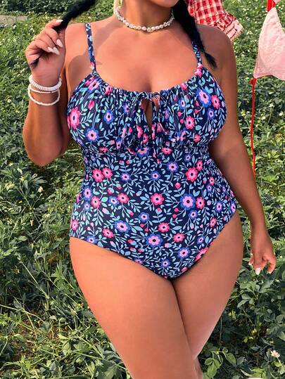 Swim Vcay 2026 New Plus Size Women's Navy Blue Ditsy Floral Tie-Front One-Piece Swimsuit, Beach Holiday, Summer Vacation, Party Wear, Elegant Ladies Beach Swimwear, Women's Resort Wear