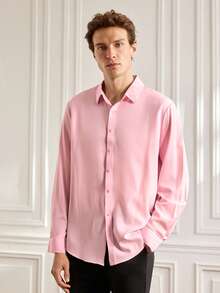 Officeau Men's Solid Color Front Button Business Casual Long Sleeve Dress Shirt - Baby Pink - View 5