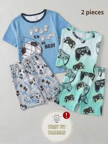 2pcs/Set Boys' Fashionable Gradient Color Gaming Element Print Crew Neck Stretchy Knit Short Sleeve Top And Shorts Casual Homewear Set  Snug Fit - Multicolor - View 3