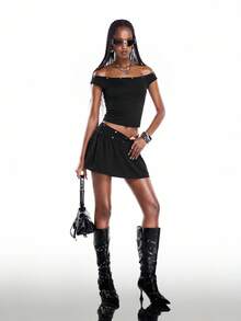 Airlisse 1 Set Solid Color Off-Shoulder Fitted Top And Mini Skirt Casual Street Wear Y2k Y2k Outfit Rave Black Summer Club Night - Black - View 1