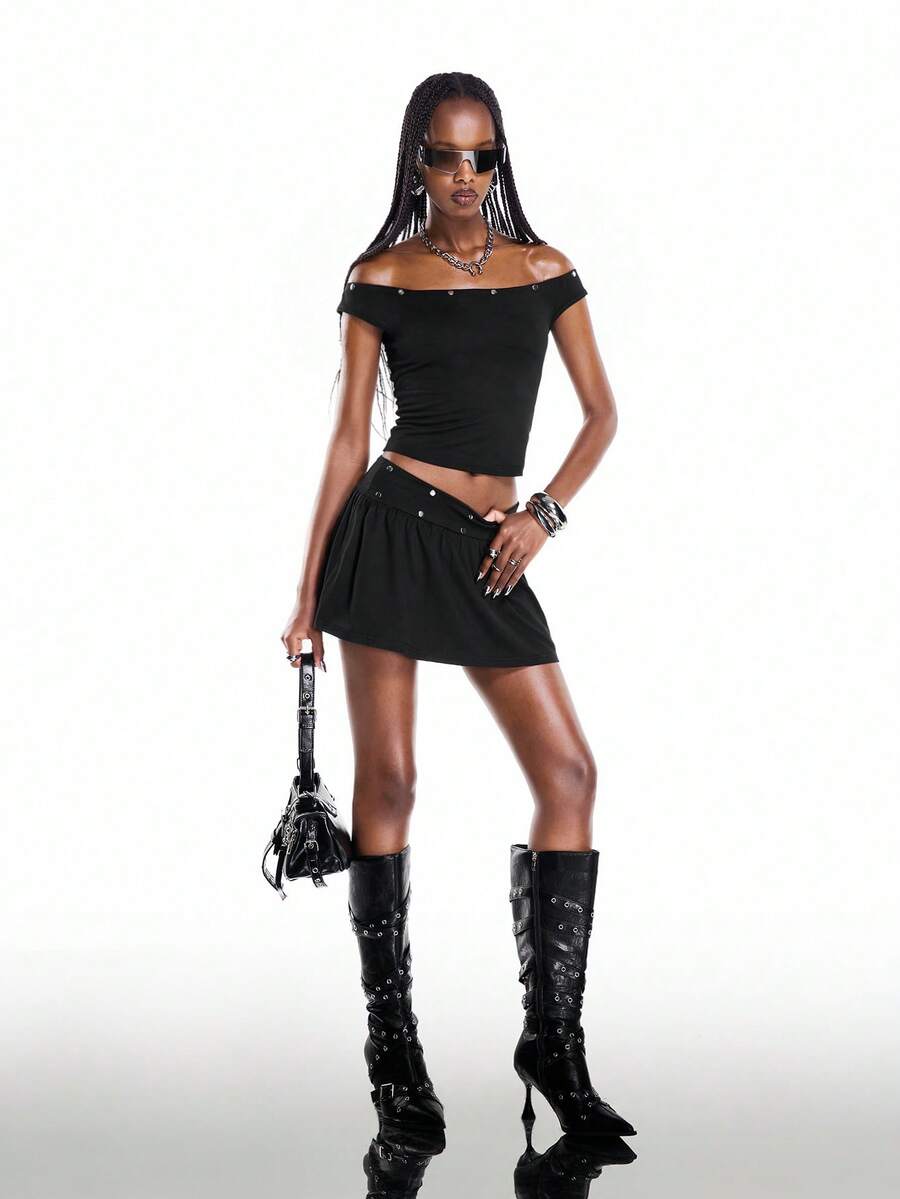 Airlisse 1 Set Solid Color Off-Shoulder Fitted Top And Mini Skirt Casual Street Wear Y2k Y2k Outfit Rave Black Summer Club Night - Black - View 1