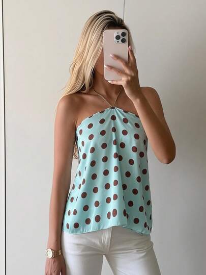 Aloruh Áo kiểu yếm cổ yếm bằng chiffon in họa tiết tie-dye thanh lịch dành cho nữ, thích hợp cho kỳ nghỉ biển.