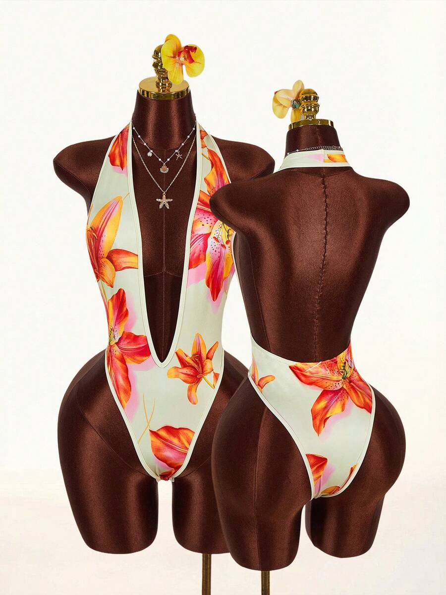 Women's Sexy Floral Print Deep V-Neck Halter Backless Bodysuit, Summer Vacation - Yellow - View 1