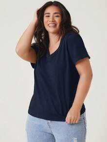 SHEIN BASICS Áo thun nữ cỡ lớn, cổ chữ V, tay ngắn, màu trơn, kiểu dáng thường ngày, đa năng. - Màu xanh hải quân - Xem 4