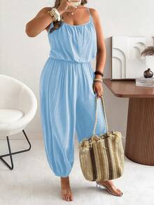 Ceyna Bộ jumpsuit ống rộng xếp ly màu trơn thanh lịch, dáng thường ngày, cỡ lớn. - Màu xanh lam - Xem 7