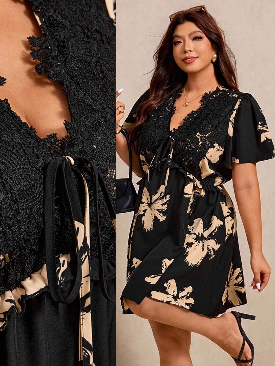 SHEIN CURVE+ Plus Size Women's Contrast Lace Front Lace-Up Floral Print Dress - Multicolor - View 1