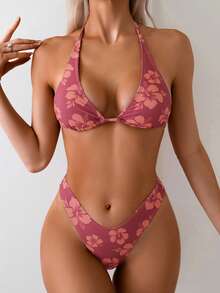 SHEIN Swim Vcay Women's Summer Beach Floral Printed Halter Neck Tie Sexy Bikini Set - Multicolor - View 6