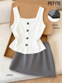 SHEIN PETITE Women's Elegant Fashion Casual Commute Front Button Camisole And Skirt Set, Summer - White - View 3