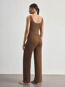 Ocili Comfortable Minimalist Sleeveless Pants Shell Button Pajama Set, Baby Pink Women Loungewear - Brown - View 3