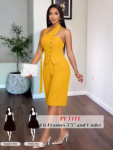 SHEIN PETITE Mustard Yellow,Summer,Elegant,Party Women's 2pcs Set Asymmetrical Neckline Sleeveless Halter Top & Zip-Up Capri Pants For Casual Commuting Vacation ,Petite Women - Yellow - View 6